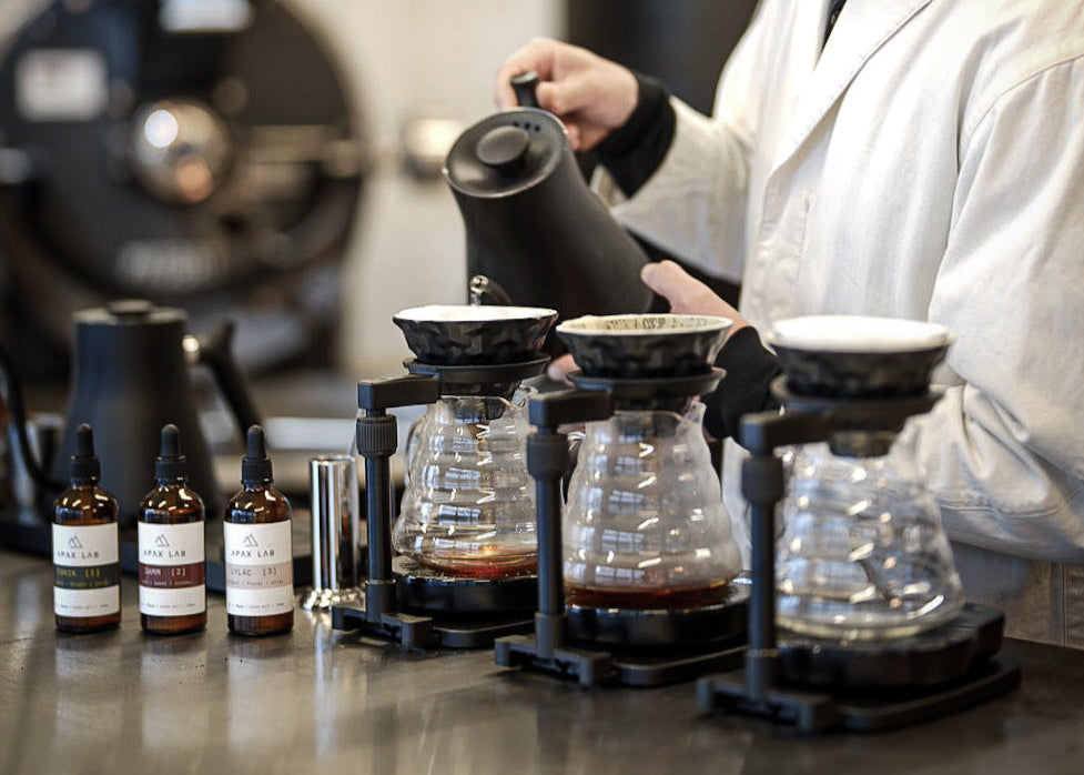 Barista at Leaves Coffee Roasters in Tokyo pouring coffee into glass carafes with APAX LAB mineral concentrates on the bar.